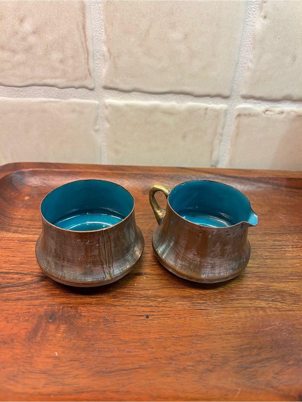 Vintage Chinese metal stacking Blue-Interior Metal Creamer and Sugar Set
